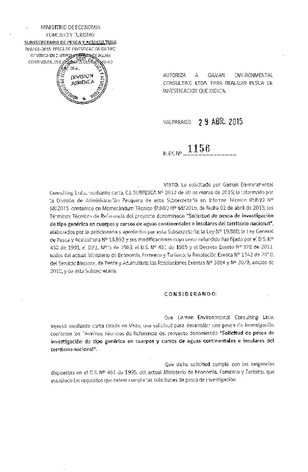 R EX N° 1156-2015 Solicitud de Pesca de investigación de tipo genérica en cuerpos y cursos de aguas continentales e insulares del territorio nacional.