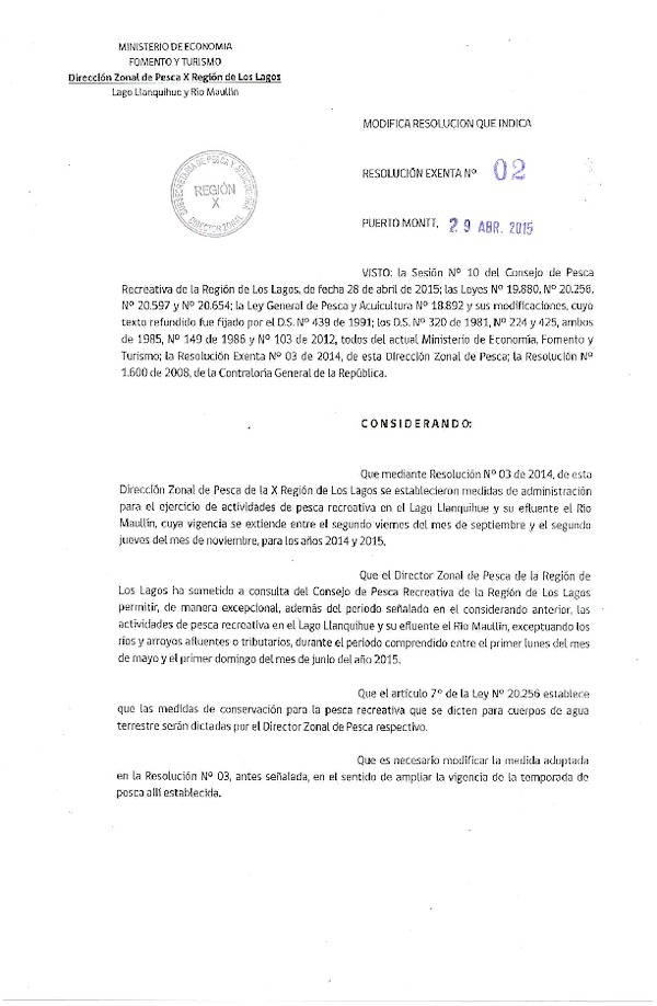 Res. Ex. N° 2-2015 Modifica Res. Ex. Nº 3-2014 Establece Medidas de Administración para las especies ícticas de importacia recreativa en el lago llanquihue y Río Maullín DZP X Región.