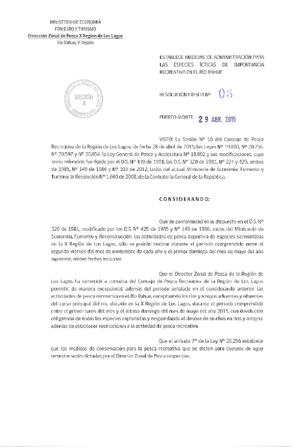 Res. Ex. Nº 3-2015 Establece Medidas de Administración para las Especies Ícticas de Importancia Recreativa en el Río Rahue. (DZP X).