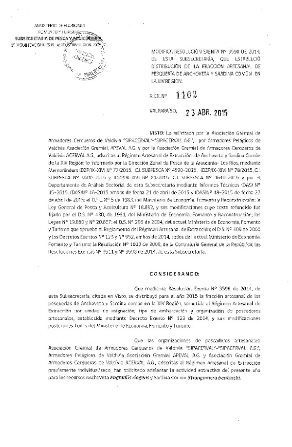 Res. Ex. N° 1102-2015 Modifica Res. Ex. N° 3598-2014 Distribución de la Fracción Artesanal de la Cuota Anual de Captura Anchoveta y Sardina Común, XIV Región. (F.D.O. 30-04-2015)