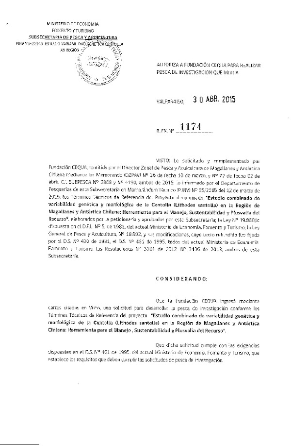 Res. Ex. 1174-2015 Estudio combinado de variabilidad génética y morfológica de la Centolla, XII Región.