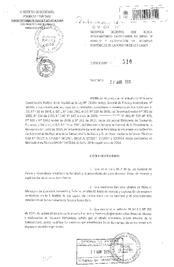 Dec. Ex. N° 310-2015 Modifica Decretos que Indica, Regularizando Cartografía en Áreas de Manejo en la X Región. (F.D.O. 04-05-2015)