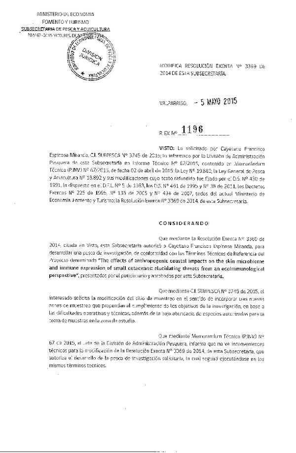Res. Ex. N° 1196-2015 Modifica R EX N° 3369-2014 Pequeños cetáceos, X Región.