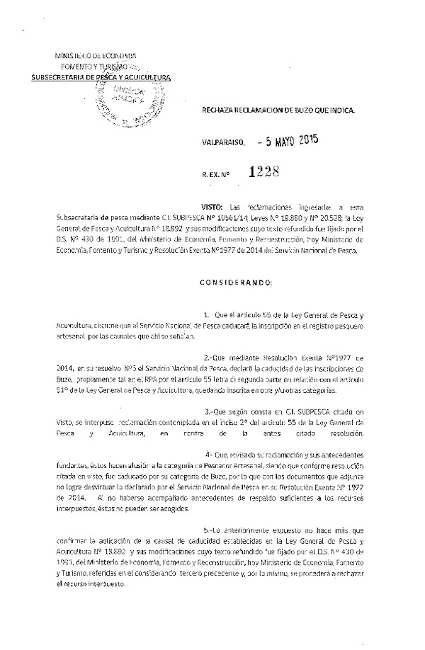 Res. Ex. N° 1228-2015 Rechaza reclamaciones que Indica.