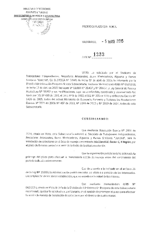 Res. Ex. N° 1233-2015 PRORROGA ACCION DE MANEJO.