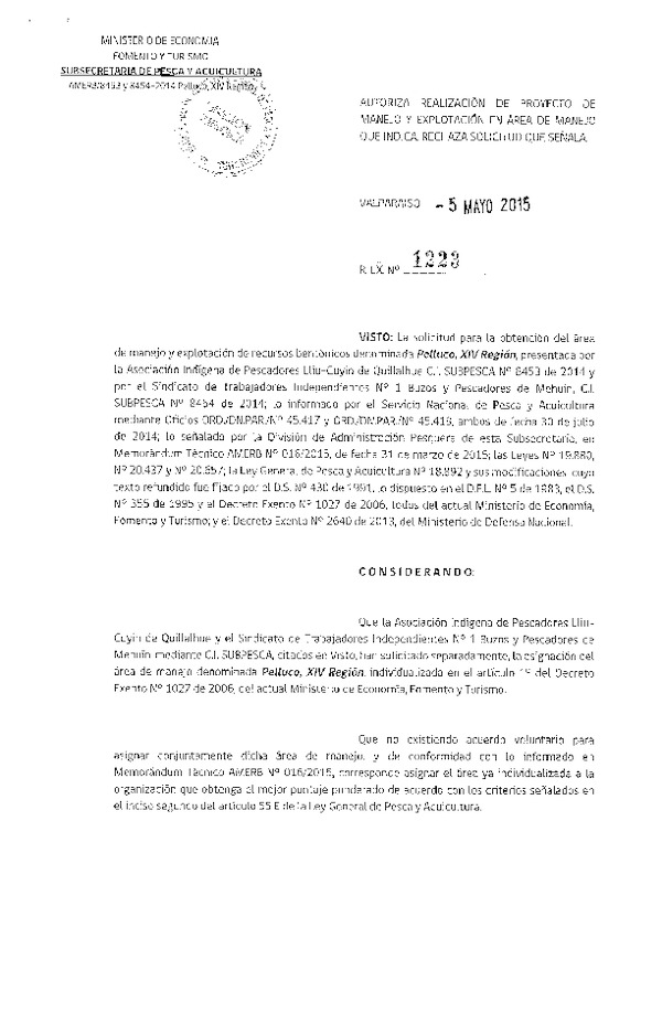 Res. Ex. N° 1223-2015 PROYECTO DE MANEJO. RECHAZA SOLICITUD QUE INDICA.