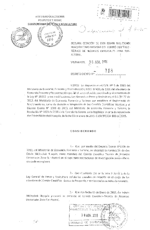 Rec. Ex. N° 318-2015 Declara Cesación de Don Edwin Niklitschek Huaquin como Miembro del Comité Científico Técnico recursos Demersales Zona Sur-Austral. (F.D.O. 07-05-2015)