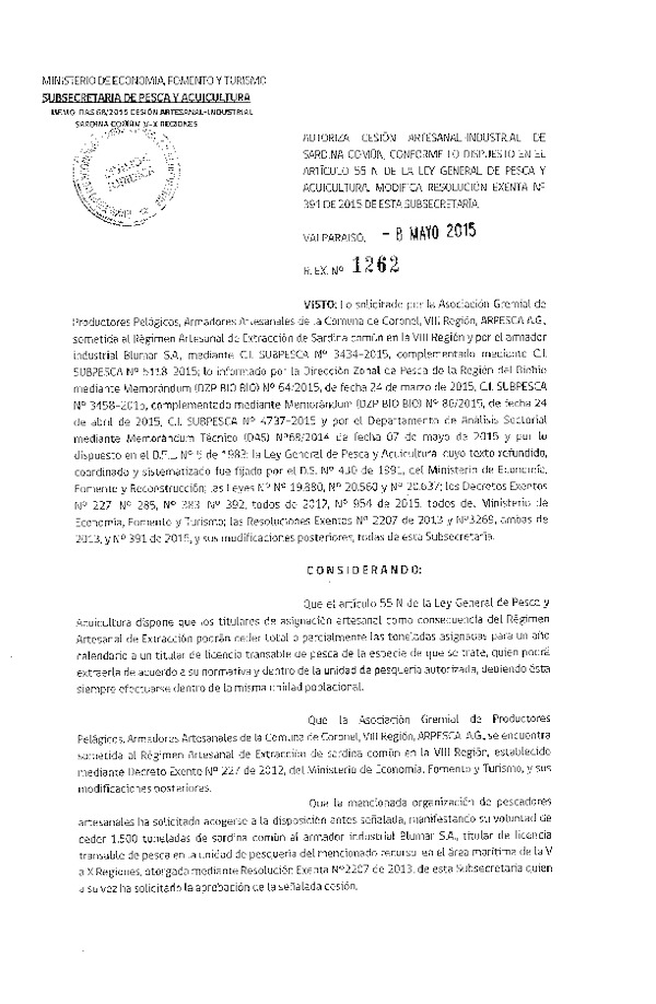 Res. Ex. N° 1262-2015 Autoriza cesión sardina común VIII Región.