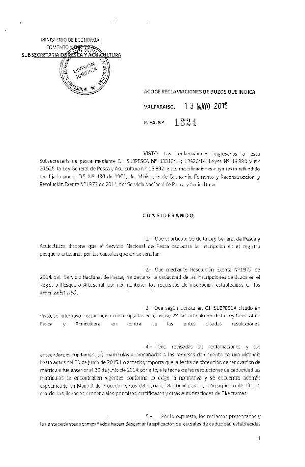 Res. Ex. N° 1324-2015 Acoge Reclamaciones de Buzos que Indica.