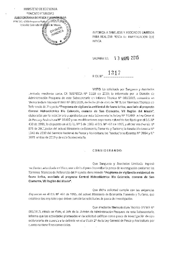 Res. Ex. N° 1317-2015 Programa de vigilancia ambiental fauna íctica Río Colorado, comuna de San Clemente, VII Región del Maule.