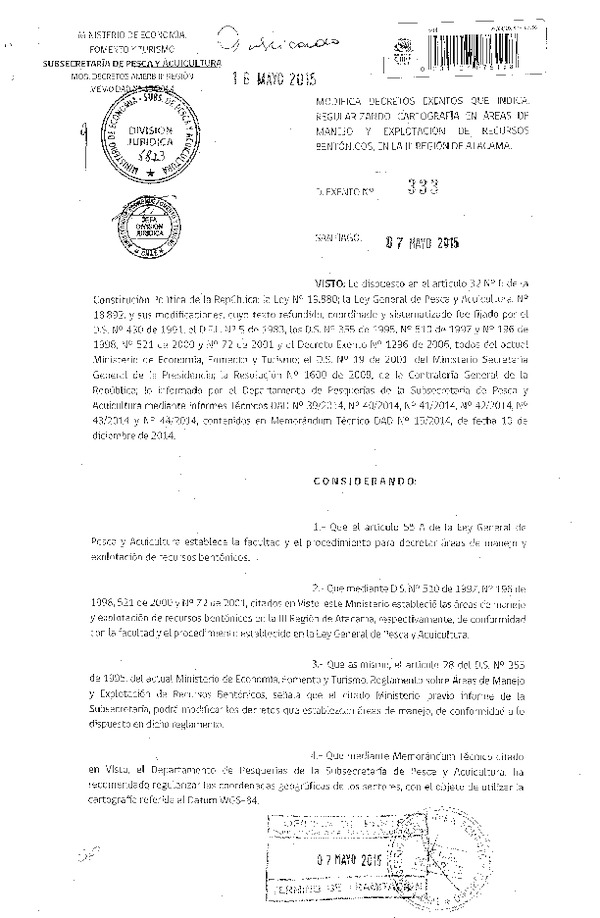 Dec. Ex. N° 333-2015 Modifica Decretos N° 510-97, N° 196-98, N° 521-2000 y N° 72-2001, Regularizando Cartpgrafía III Región. (F.D.O. 16-05-2015)