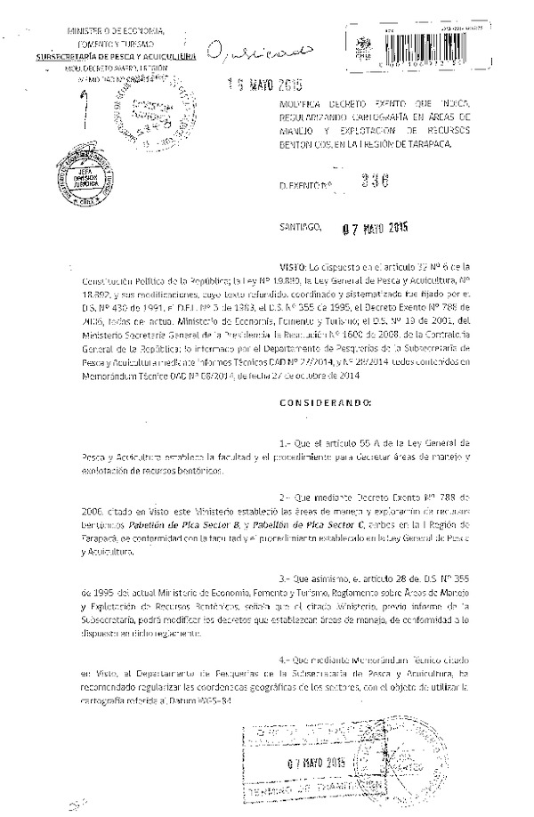 Dec. Ex. N° 336-2015 Modifica Dec. Ex. N° 788-2006, Regularizando Cartpgrafía I Región. (F.D.O. 16-05-2015)