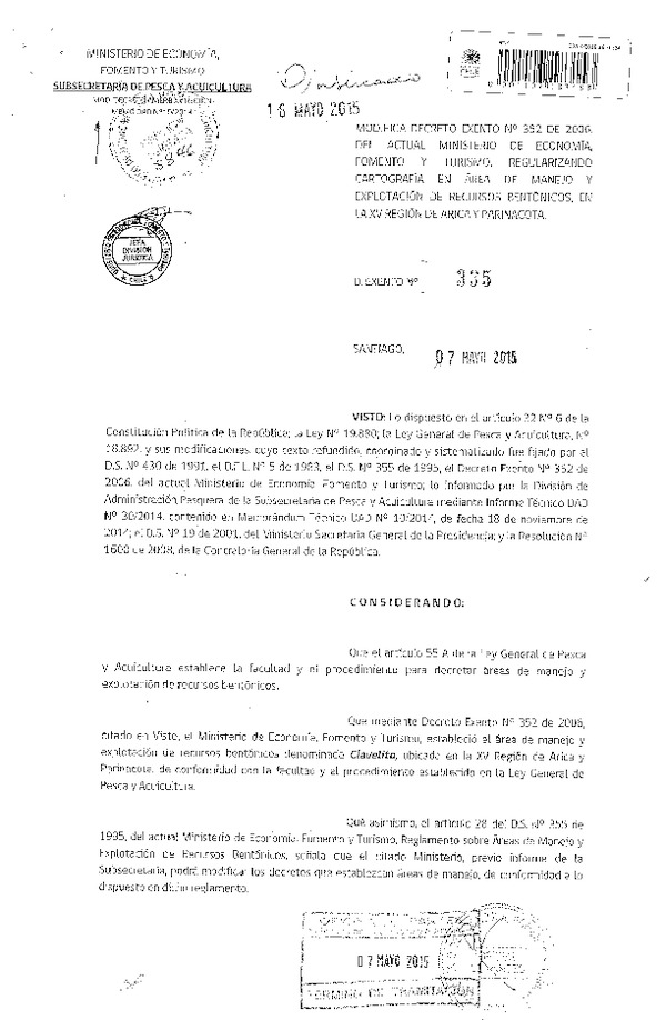 SDec. Ex. N° 335-2015 Modifica Dec. Ex. N° 352-2006, Regularizando Cartpgrafía I Región. (F.D.O. 16-05-2015)
