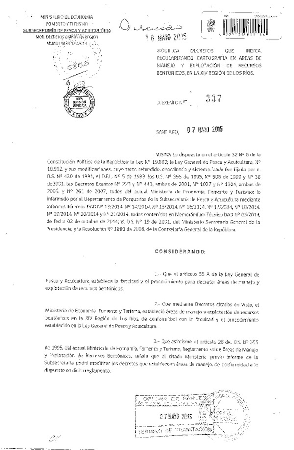 Dec. Ex. N° 337-2015 Modifica D.S. N° 506-1999 y N° 38-2001, Dec. Ex. N° 223 y N° 443, ambos de 2001, N° 1027 y N° 1304, ambos de 2006 y N° 261-2007, Regularizando Cartpgrafía XIV Región. (F.D.O. 16-05-2015)