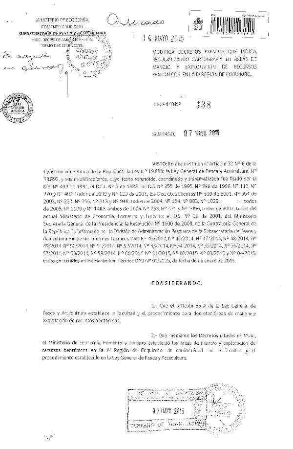 Dec. Ex. N° 338-2015 Modifica D.S. N° 398-1998, N° 110 y N° 270, ambos de 1999 y N° 109-2001, Dec. Ex. N° 539-2001, N° 564-2003, N° 223, N° 313 y N° 948, todos de 2004, 154 y N° 883, ambos de 2005, N° 258 y N° 471 y N° 1059, todos de 2007, Regularizando Cartpgrafía IV Región. (F.D.O. 16-05-2015)