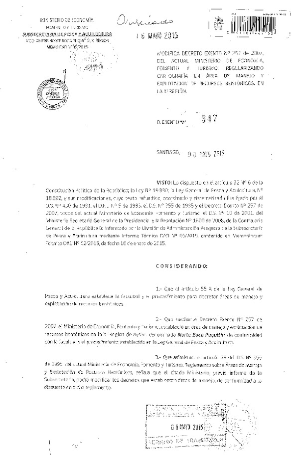 Dec. Ex. N° 347-2015 Modifica Dec. Ex. N° 257-2007, Regularizando Cartpgrafía XI Región. (F.D.O. 16-05-2015)