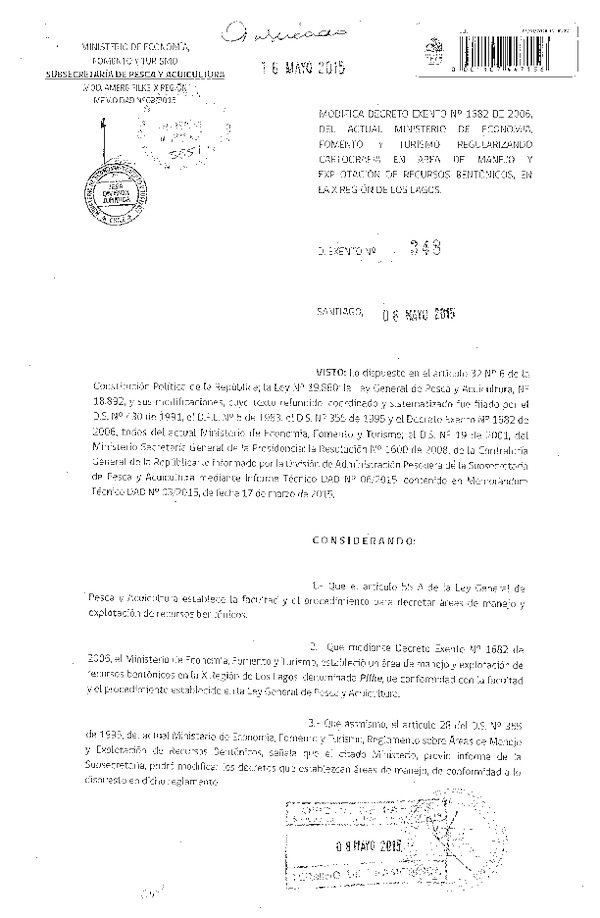 Dec. Ex. N° 348-2015 Modifica Dec. Ex. N° 1682-2006, Regularizando Cartpgrafía X Región. (F.D.O. 16-05-2015)