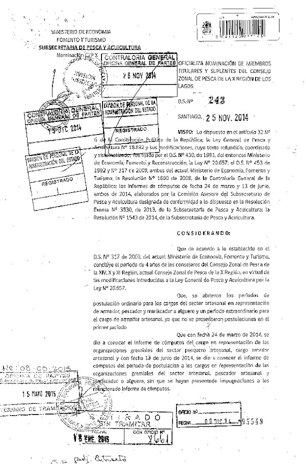 D.S. N° 243-2014 Oficializa Nominación de Miembros Titulares y Suplentes del Consejo Zonal de Pesca de la X Región. (F.D.O. 22-05-2015)