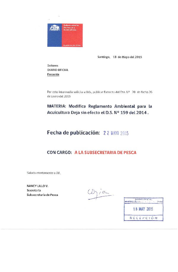 D.S. N° 20-2015 Modifica Reglamento Ambiental para la Acuicultura. Deja sin Efecto el D.S. N° 159-2014. (F.D.O. 22-05-2015)