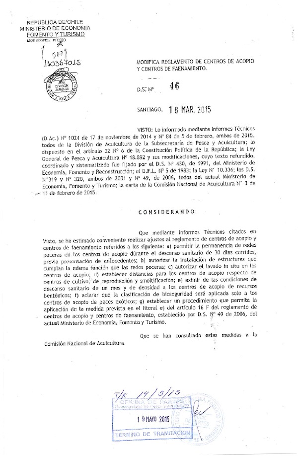 D.S. N° 46-2015 Modifica D.S. N° 49-2006 Reglamento de Centros de Acopio y Centros de Faenamiento. (F.D.O. 25-05-2015)