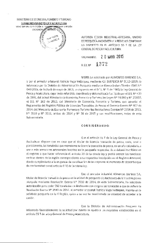 Res. Ex. N° 1372-2015 Autoriza cesión Anchoveta, V Región.