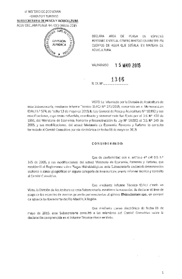 Res. Ex. N° 1346-2015 Declara Área de Plaga Cuerpos de Agua Río Maullín, X Región. (F.D.O. 26-05-2015)