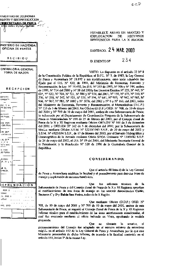 D EX N° 234-2003 ESTABLECE AREAS DE MANEJO CAILIN SECTOR C Y SECTOR D, Y BAHIA SAN PEDRO, X REGION.