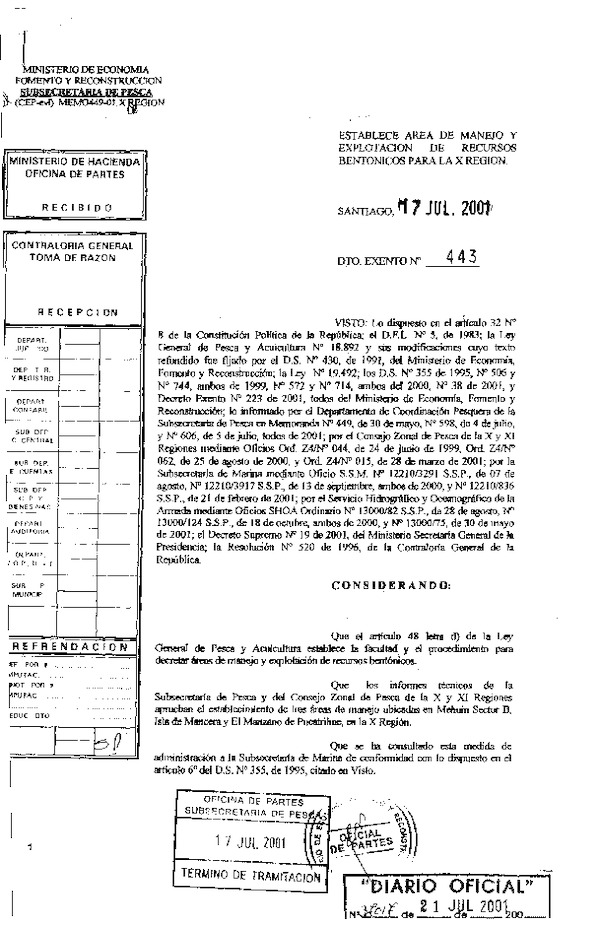 D EX N° 443-2001 ESTABLECE AREAS DE MANEJO MEHUIN SECTOR B, ISLA DE MANCERA Y EL MANZANO DE PUCATRIHUE, XIV REGION.