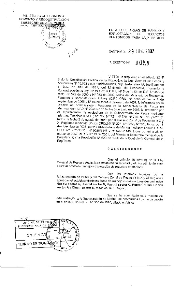 D EX N° 1059-07 ESTABLECE AREAS DE MANEJO HUEQUI SECTOR A, B, C Y OTROS, X REG.