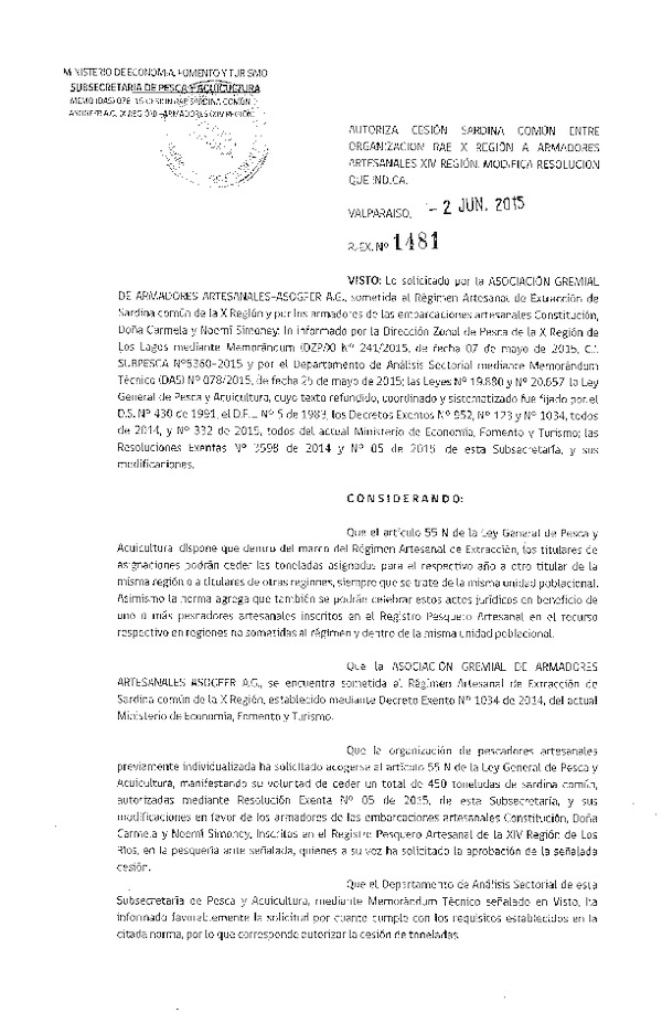 Res. Ex N° 1481-2015 Autoriza Cesión Sardina común, X a XIV Región.
