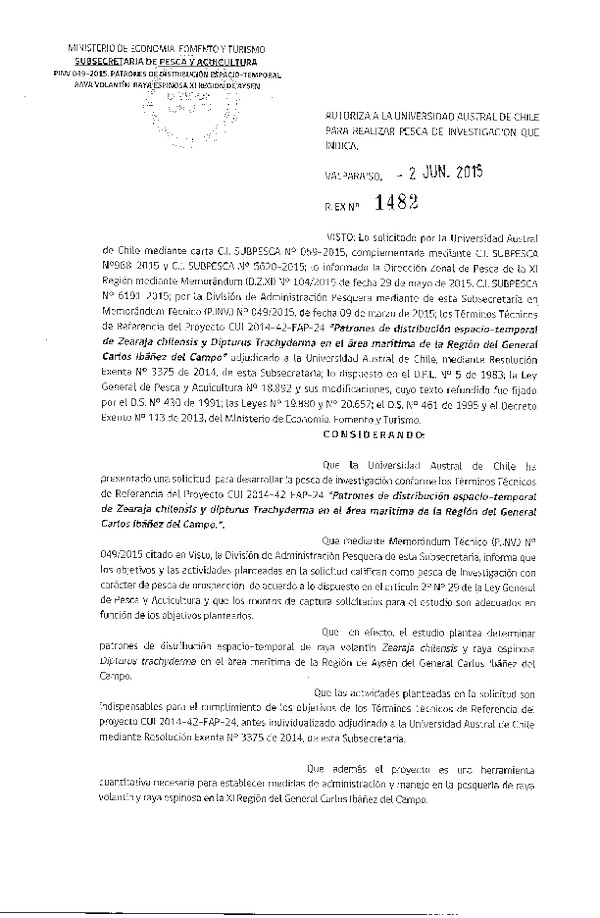 Res. Ex. N° 1482-2015 Patrones de distribución espacio-temporal Raya volantín-Raya espinosa XI Región.