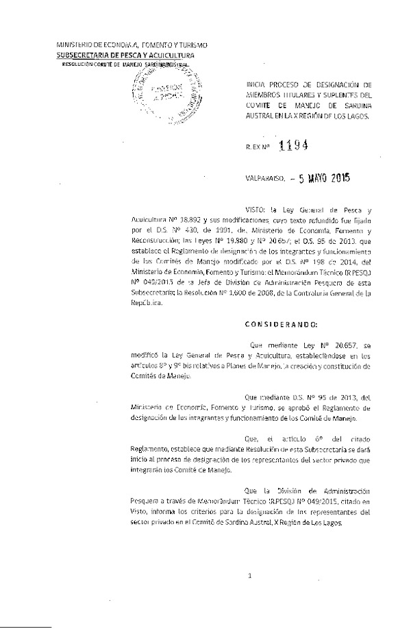 Res. Ex. N° 1194-2015 Inicia Proceso de Designación de Miembros Titulares y Suplentes del Comité de Manejo de Sardina Austral en la X Región de Los Lagos.