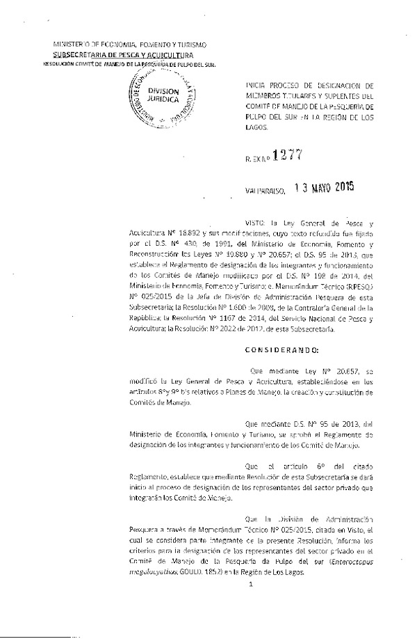 Res. Ex. N° 1277-2015 Inicia Proceso de Designación de Miembros Titulares y Suplentes del Comité de Manejo de Pulpo del sur en la X Región de Los Lagos.