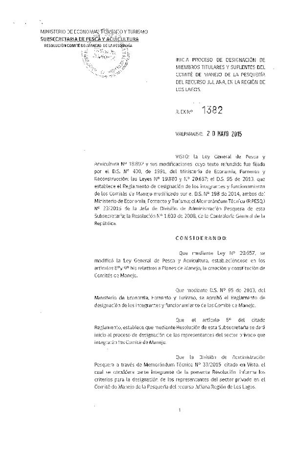 Res. Ex. N° 1382-2015 Inicia Proceso de Designación de Miembros Titulares y Suplentes del Comité de Manejo de Pesquería del Recurso Juliana en la X Región de Los Lagos.