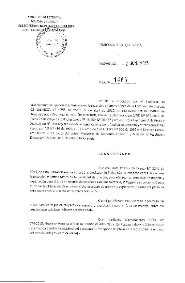 Res. Ex. N° 1465-2015 PRORROGA PLAN DE MANEJO.