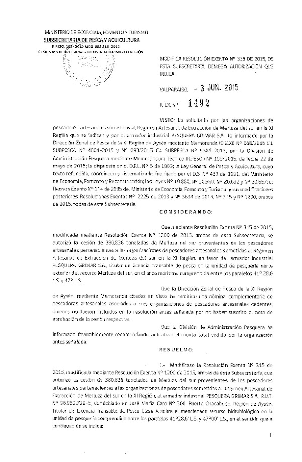 Res. Ex. N° 1492-2015 Modifica 315-2015 Autoriza Cesión Merluza del sur XII Región.