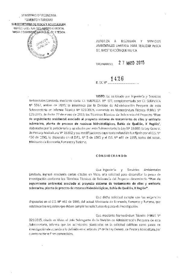 Res. Ex. N° 1426-2015 Plan de seguimiento ambiental asociado al proyecto sistema de riles y emisario submarino, Bahía de Quellón, X Región.