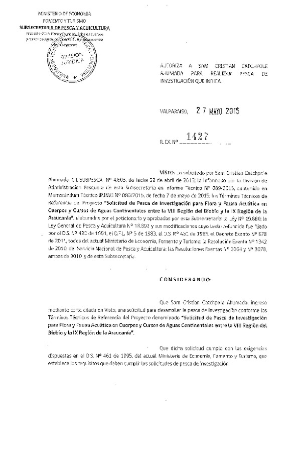 Res. Ex. N° 1427-2015 Flora y fauna acuática en cuerpos y cursos de aguas continentales entre la VIII Región y la IX Región.