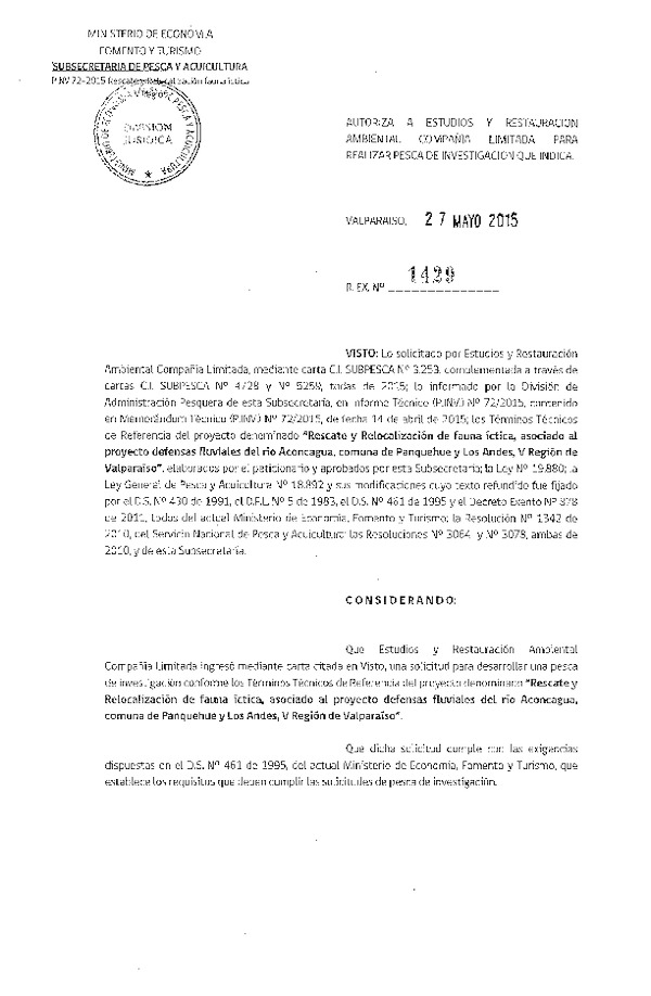 Res. Ex. N° 1429-2015 Rescate y relocalización de fauna íctica, asociado al proyecto defensas fluviales del río Aconcagua.