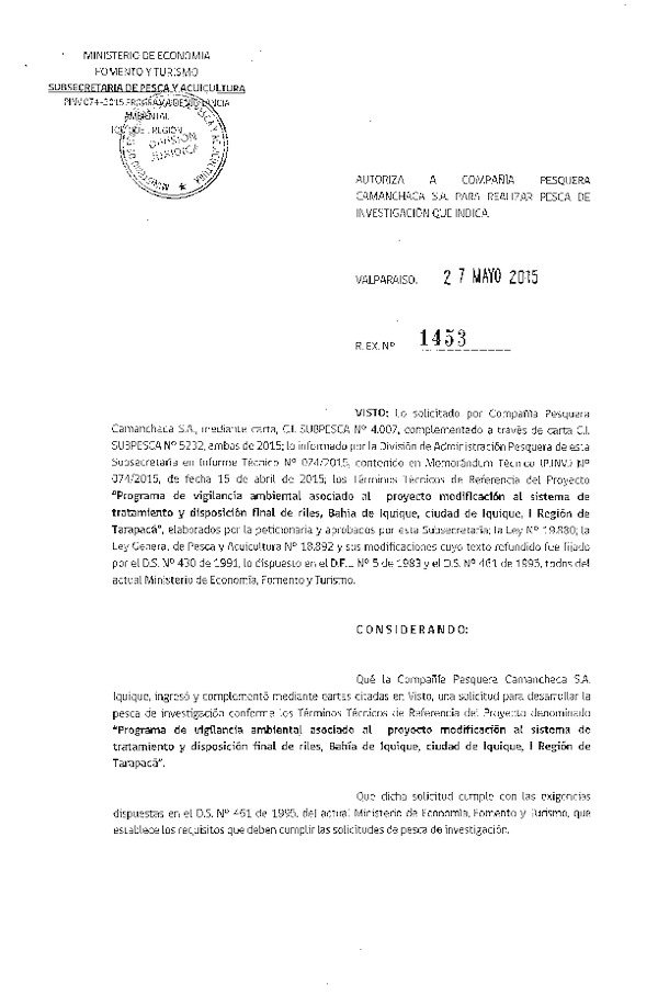 Res. Ex. N° 1453-2015 Programa de vigilancia ambiental al proyecto modificación al sistema de tratamiento y disposición de riles, Bahía Iquique I Región.