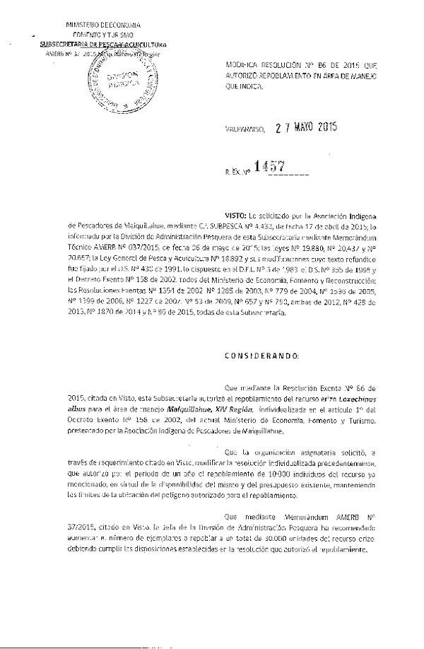 Res. Ex. N° 1457-2015 MODIFICA Res. Ex. N° 86-2015 REPOBLAMIENTO.
