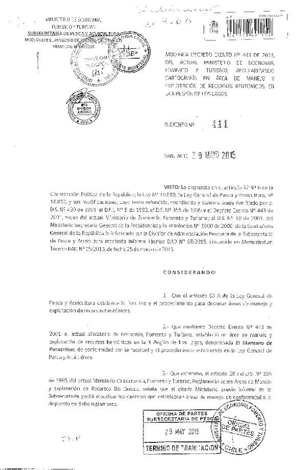 Dec. Ex. N° 411-2015 Modifica Dec. N° 443-2001, Regularizando Cartografía en Área de Manejo El Manzano de Pucatrihue en la X Región. (F.D.O. 09-06-2015)