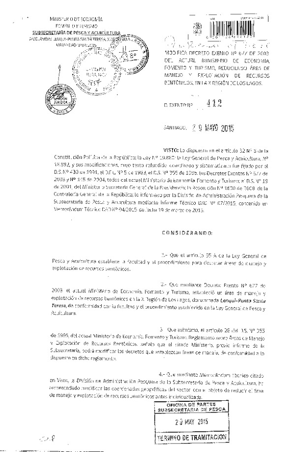 Dec. Ex. N° 412-2015 Modifica Dec. Ex. N° 677-2003, Regularizando Cartografía en Área de Manejo Lenqui-Punta Santa Teresa en la X Región. (F.D.O. 09-06-2015)