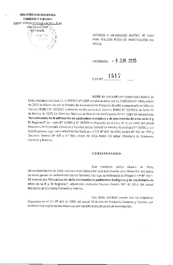 Res. Ex. N° 1517-2015 Actualización de la estimación de parámetros biológicos y de crecimiento de erizo en la X y XI Regiones.