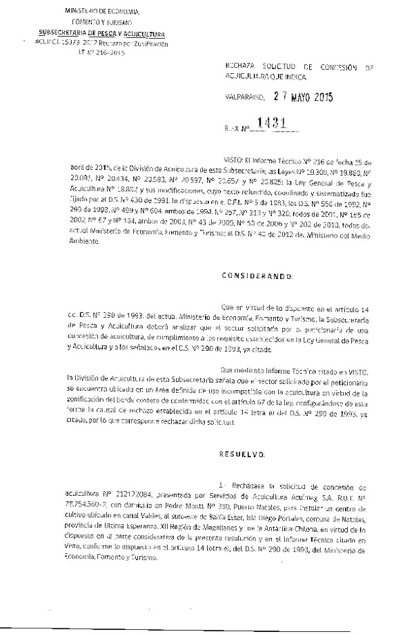 Res. Ex. N° 1431-2015 Rechaza.