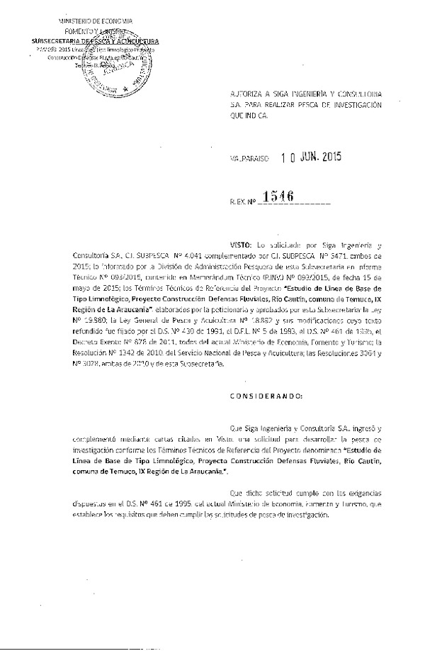 Res. Ex. N° 1546-2015 Estudio de línea de base tipo limnológico, proyecto construcción defensas fluviales Río Cautín, IX Región.