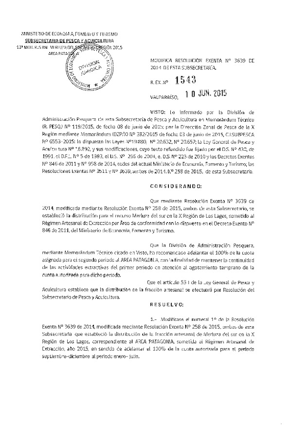 Res. Ex. N° 1543-2015 Modifica Res. Ex. N° 3639-2014 Distribución de la Fracción Artesanal de Pesquería de Merluza del sur por Área X Región, Año 2015. (F.D.O. 16-06-2015)