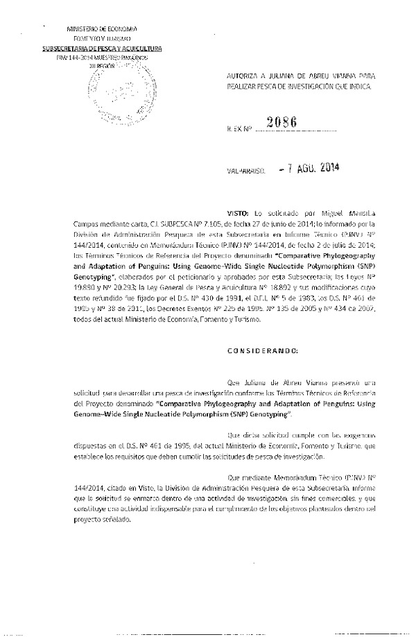 Res. Ex. N° 2086-2014 Pesca de investigación Pingüino, XII Región.