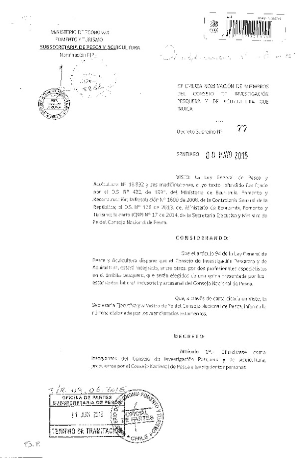 D.S. N° 77-2015 Oficializa Nominación de Miembros del Consejo de Investigación Pesquera y de Acuicultura que Indica. (F.D.O. 18-06-2015)