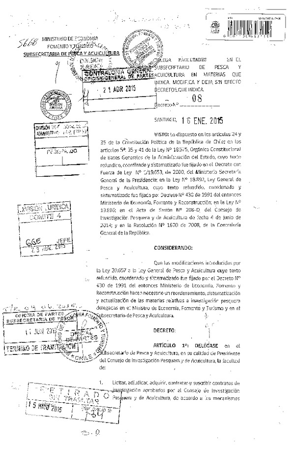 D.S. N° 8-2015 Delega Facultades en el Subsecretario de Pescay Acuicultura en Materia que Indica. Modifica y Deja sin Efecto Decretos que Señala. (F.D.O. 18-06-2015)